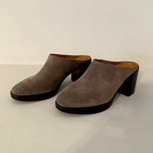 Frye - gorgeous joan campus mules. Tan/beige suede upper with wood bottoms.